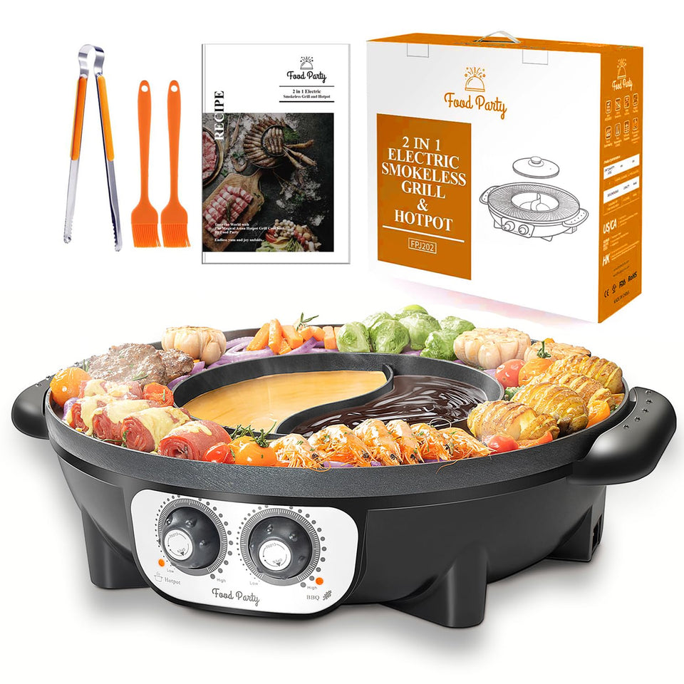 Food Party 2-in-1 hot pot and grill front view, ideal for family meals.