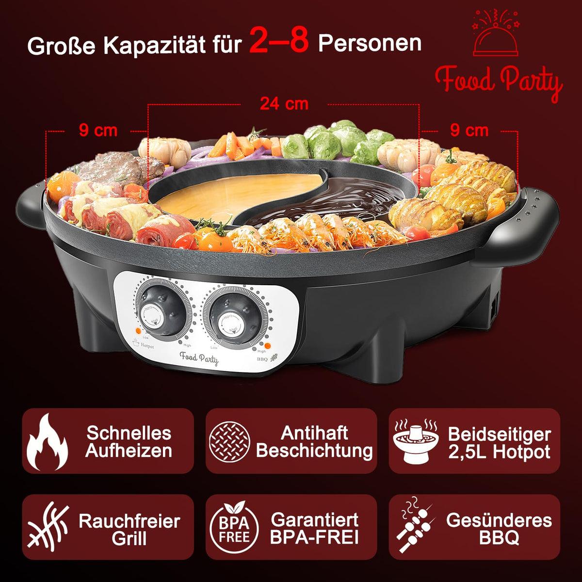 Food Party 2-in-1 hot pot and grill top-angle view shows compact versatility.