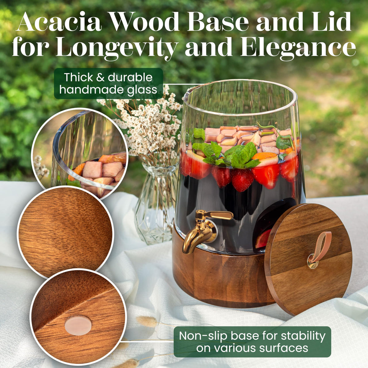 FOODLE glass dispenser on a wooden stand elevates table presentation.
