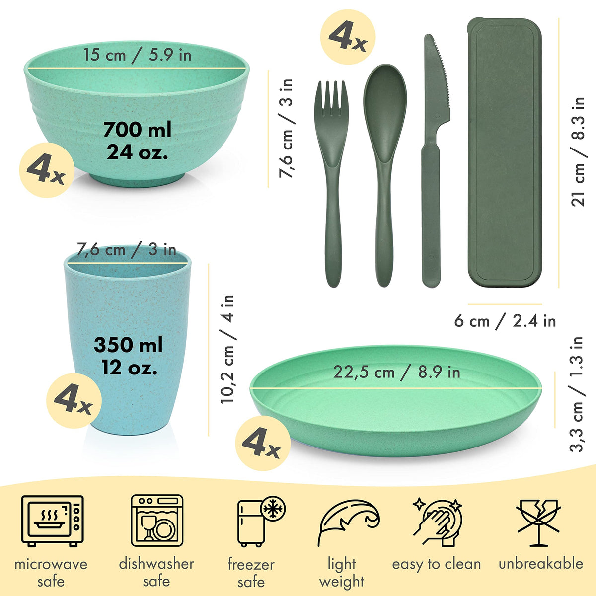 FOODLE wheat straw bowls showcase stackable, dishwasher-safe design for camping or picnics.