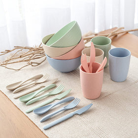 FOODLE Wheat Straw Dinnerware Set for 4 serves family meals elegantly.