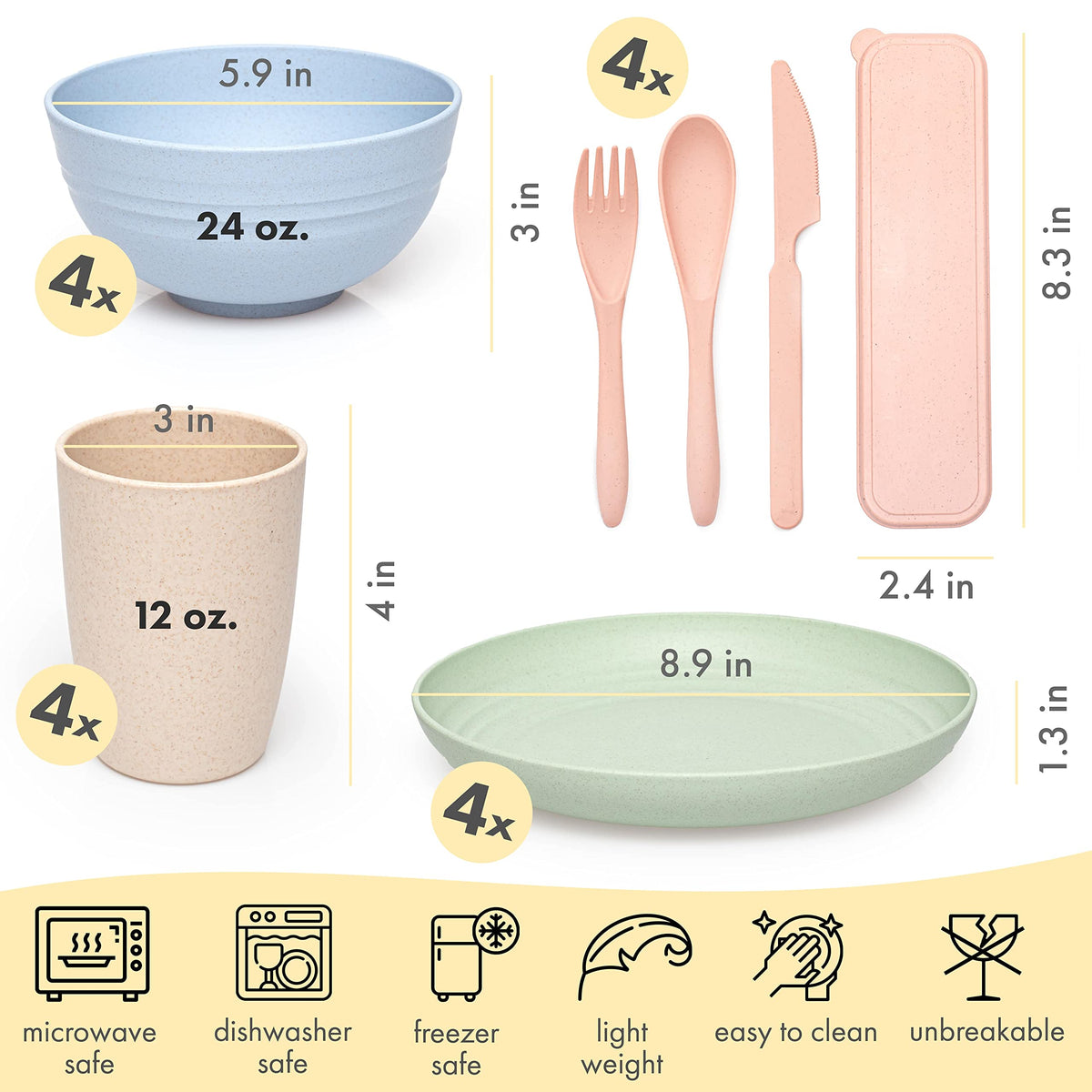 FOODLE Wheat Straw Dinnerware Set bowls stacked, dishwasher-safe convenience for busy families.