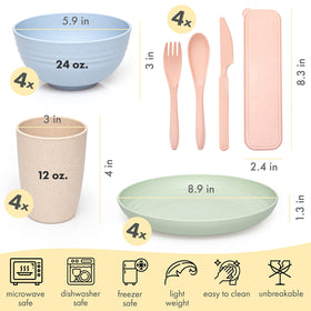 FOODLE Wheat Straw Dinnerware Set bowls stacked, dishwasher-safe convenience for busy families.