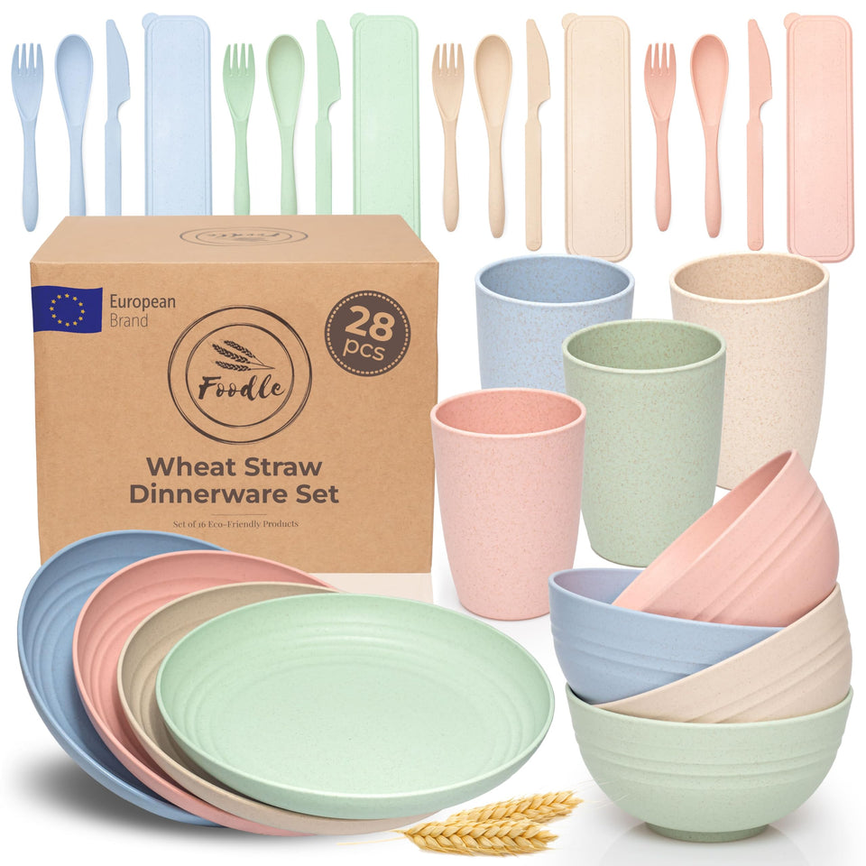 FOODLE Wheat Straw Dinnerware Set plates on table, lightweight and durable for everyday meals.