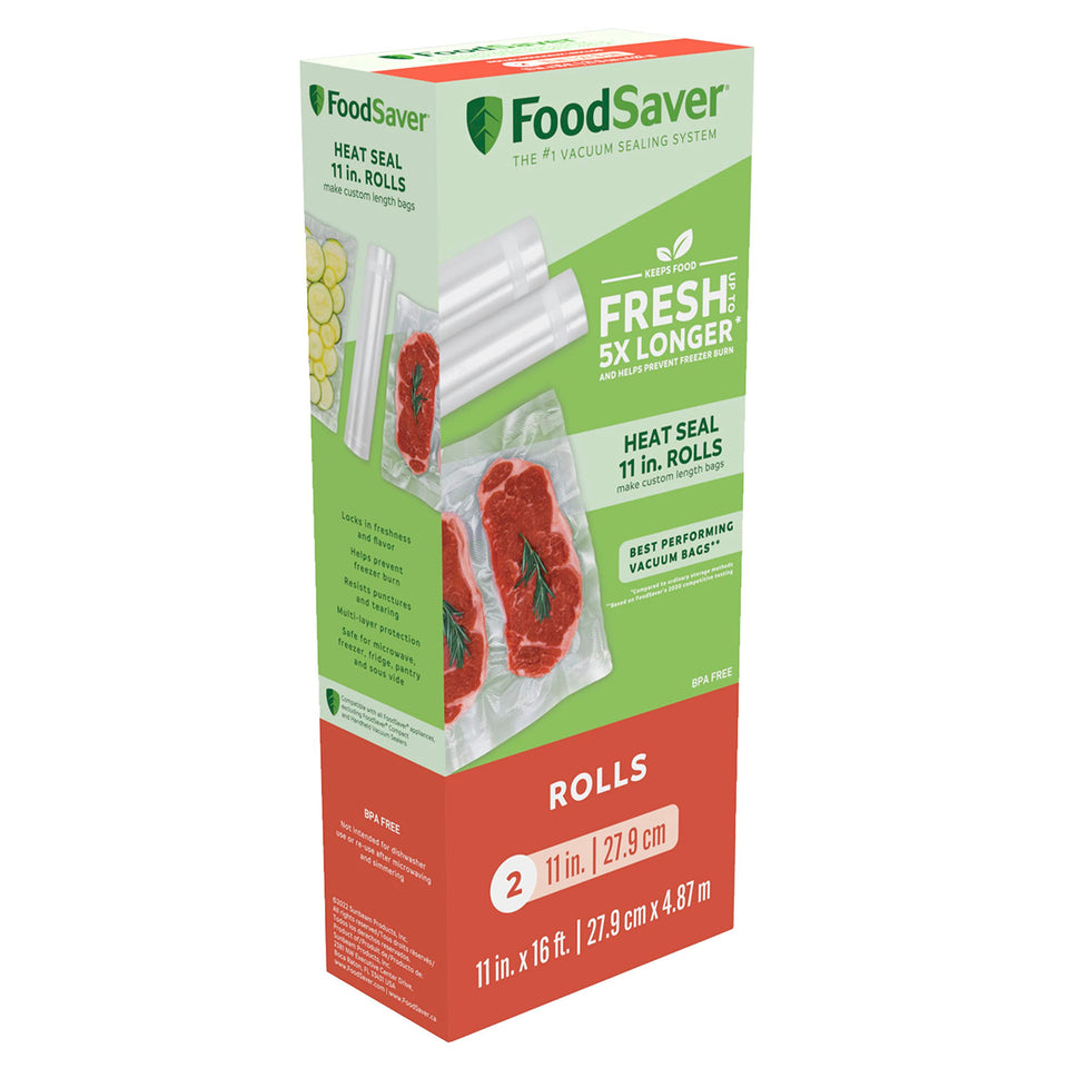 FoodSaver 11x16 vacuum seal rolls laid flat for custom bags that fit any item.