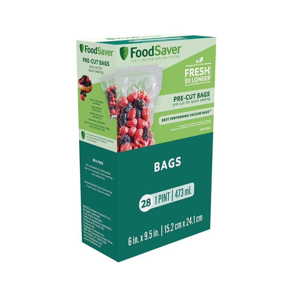 FoodSaver 1-Pint Precut Vacuum Bags for portioning and sealing foods efficiently.