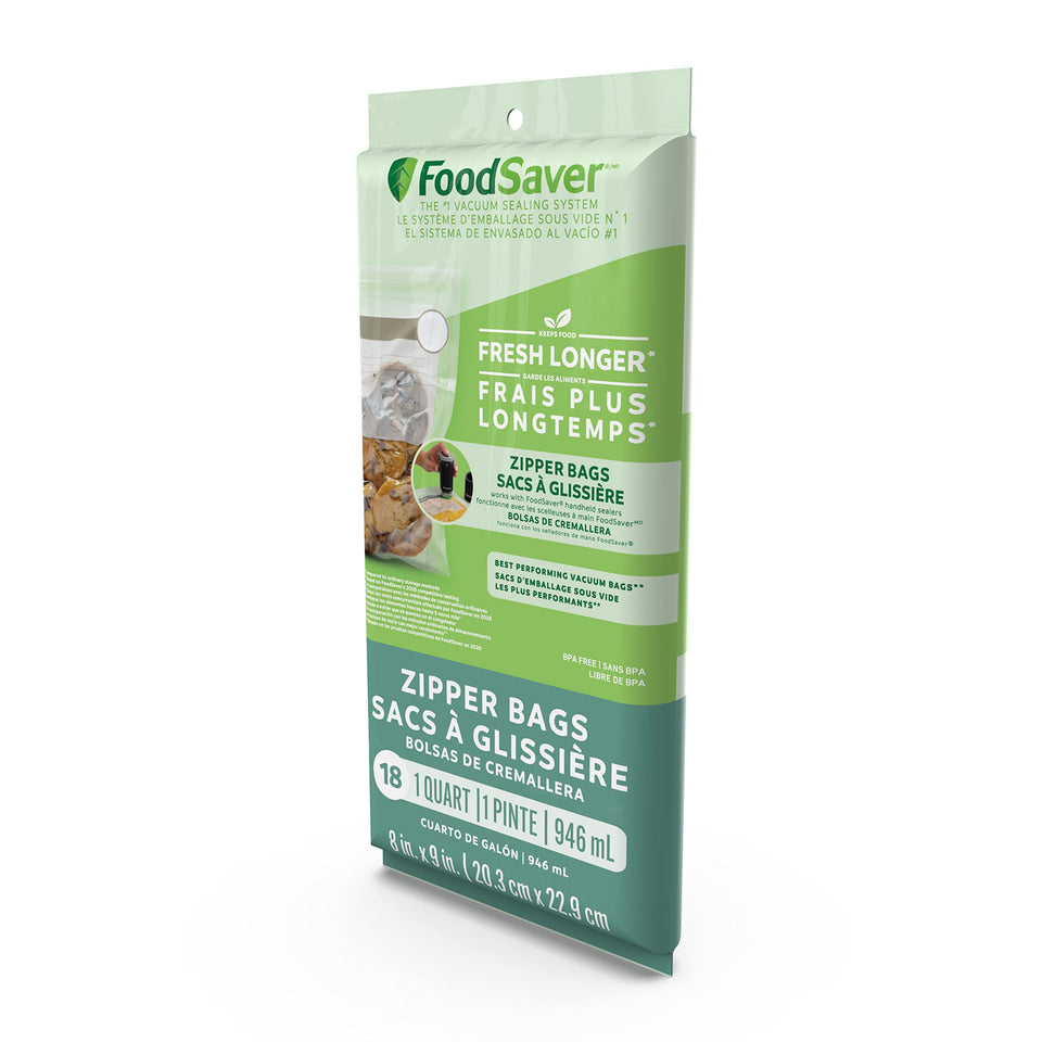FoodSaver 1Quart BPA-Free Vacuum Zipper Bags show airtight seal for longer freshness.