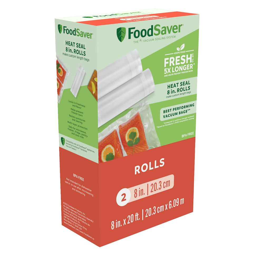 FoodSaver 8-inch roll bag material enables custom-length storage and lasting freshness