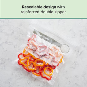 FoodSaver zipper bag close-up highlights easy reseal for leftovers and meal prep.