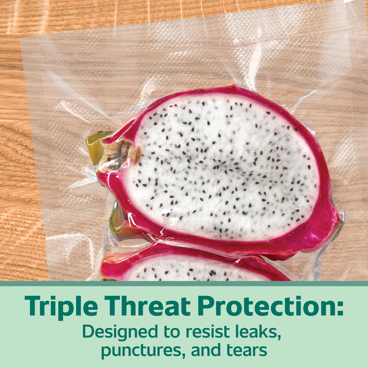 FoodSaver 30-percent thicker bags close-up, highlighting leak resistance for safer storage