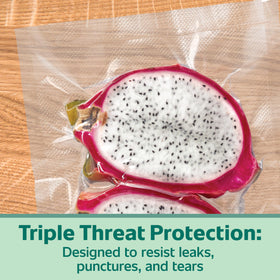FoodSaver 30-percent thicker bags close-up, highlighting leak resistance for safer storage