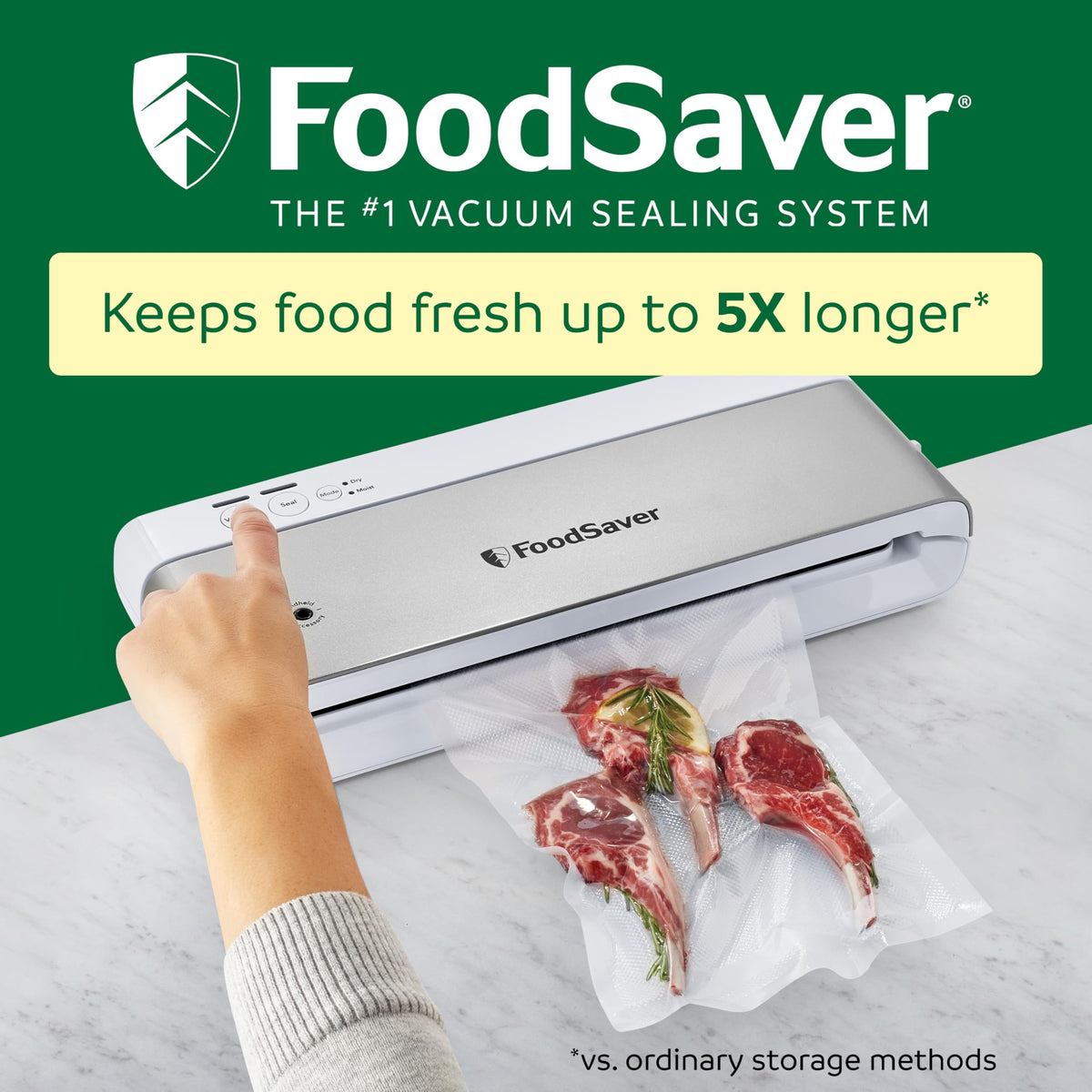 FoodSaver compact vacuum sealer with bags and roll included for immediate airtight sealing.