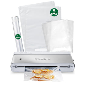 FoodSaver compact vacuum sealer front view showing space-saving design for organized storage.