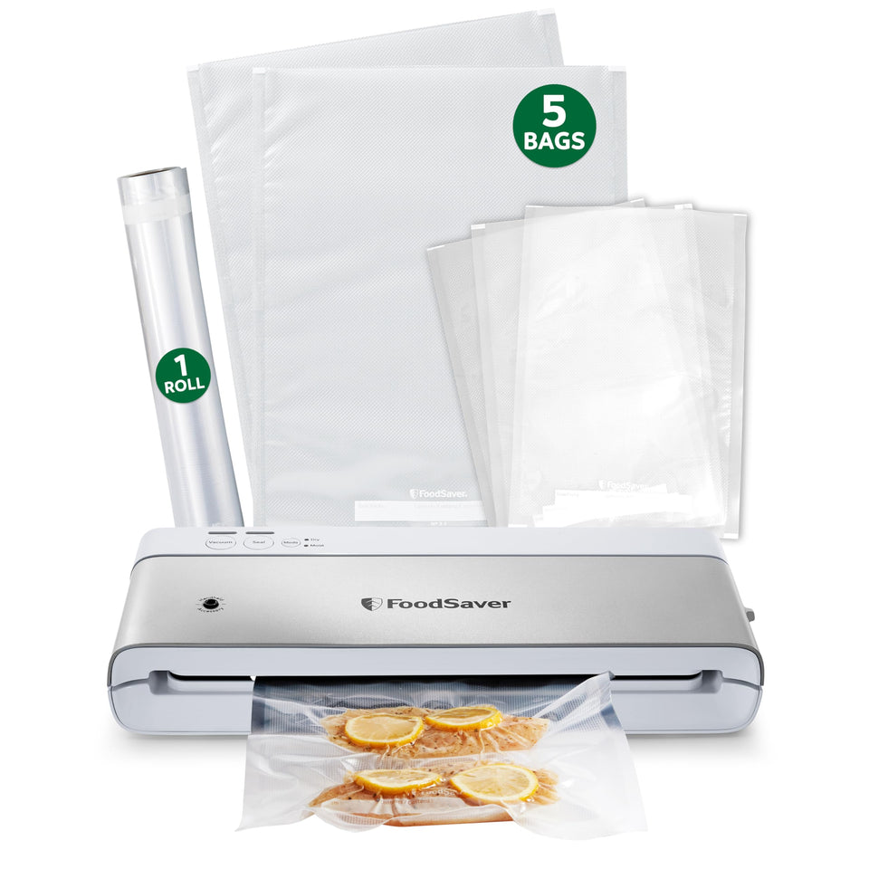 FoodSaver compact vacuum sealer front view showing space-saving design for organized storage.