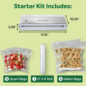 FoodSaver compact vacuum sealer vertical design saves counter space in small kitchens.