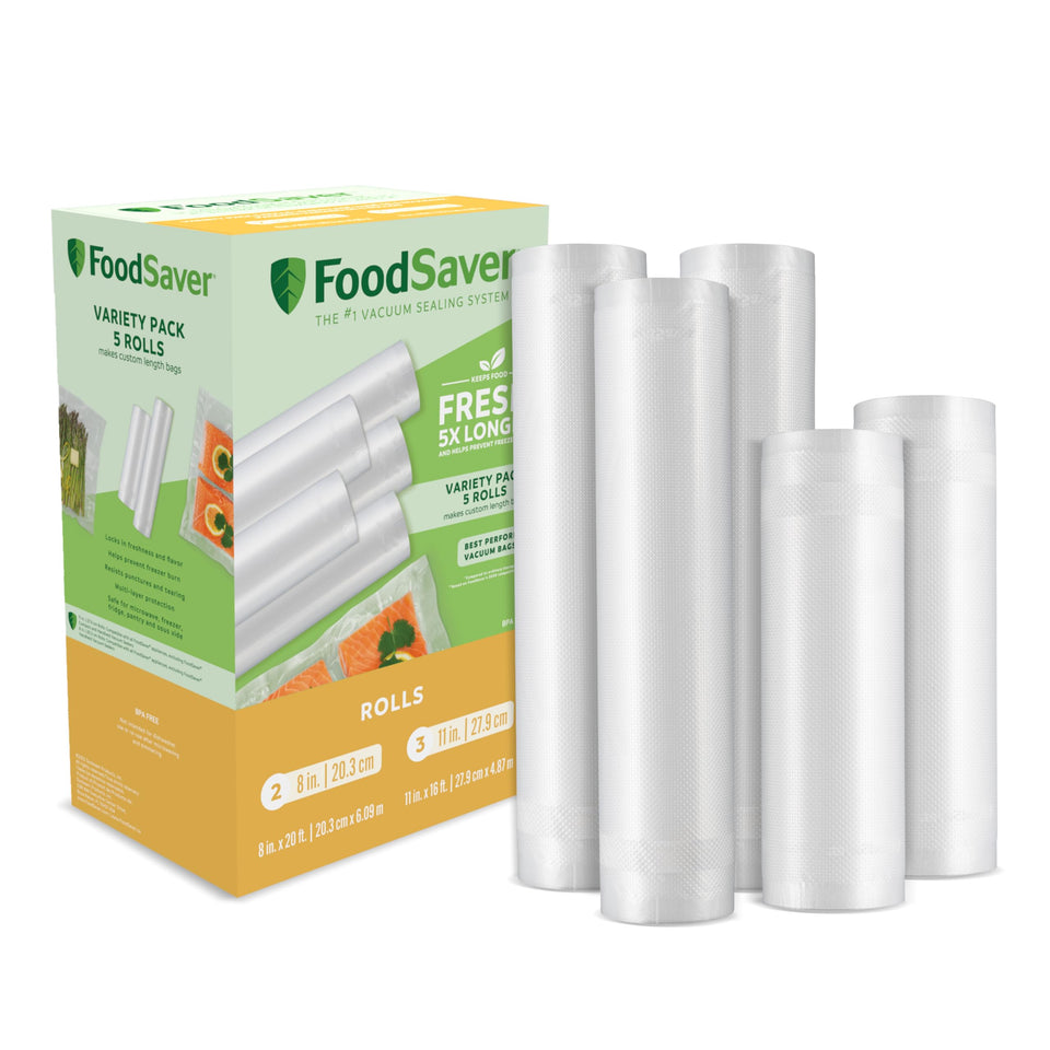 FoodSaver custom-length bags 8x20 for precise portioning and airtight storage.