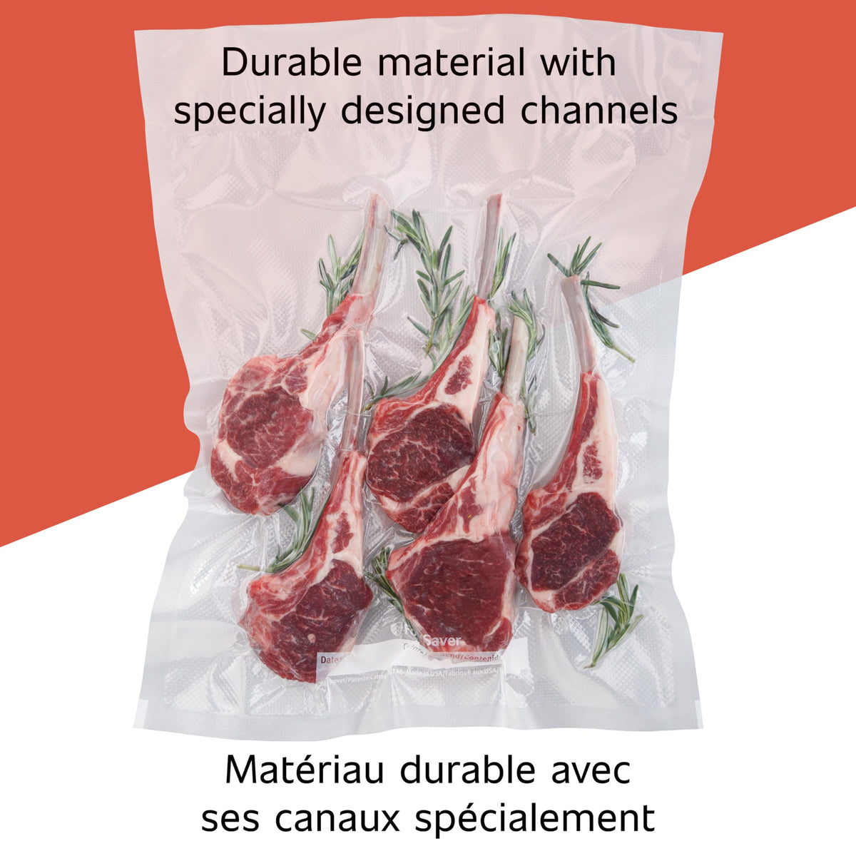 FoodSaver bag with white date panel for labeling and quick reference