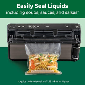 FoodSaver Elite Liquid+ accessories kit includes rolls, bags, and stopper.