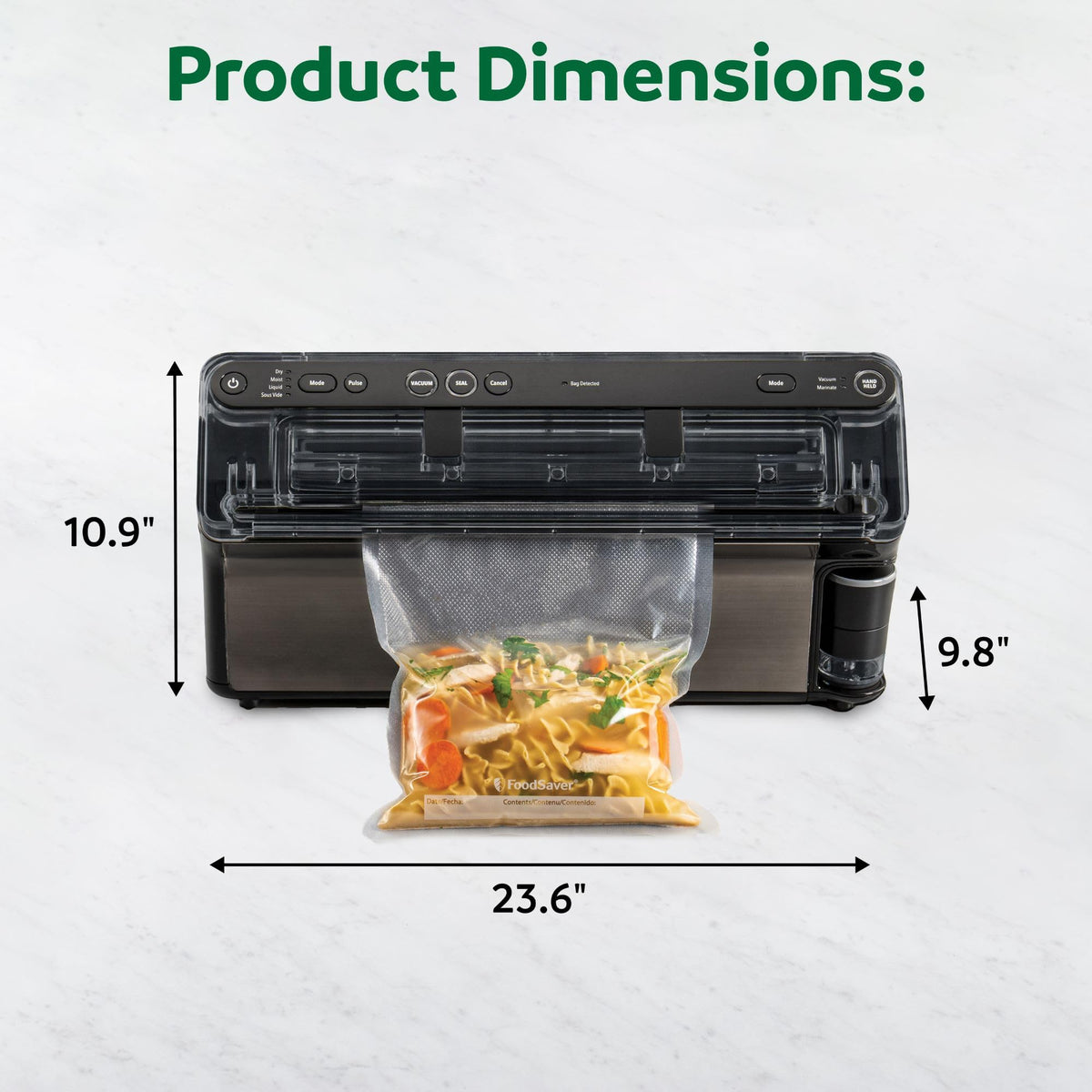 FoodSaver Elite Liquid+ cutter bar and roll storage for custom bags.
