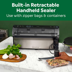 FoodSaver Elite Liquid+ removable drip tray keeps counters clean.