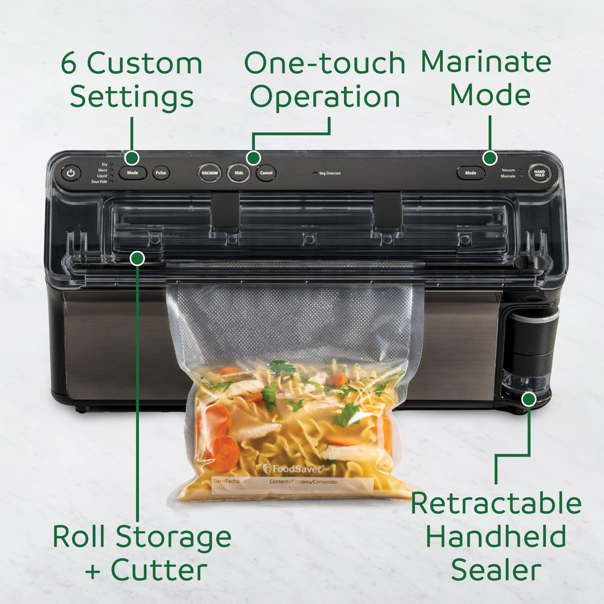FoodSaver Elite Liquid+ retractable handheld sealer for quick sealing.