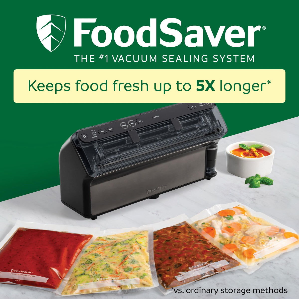 FoodSaver Elite Liquid+ in-action sealing liquids like soups and sauces.