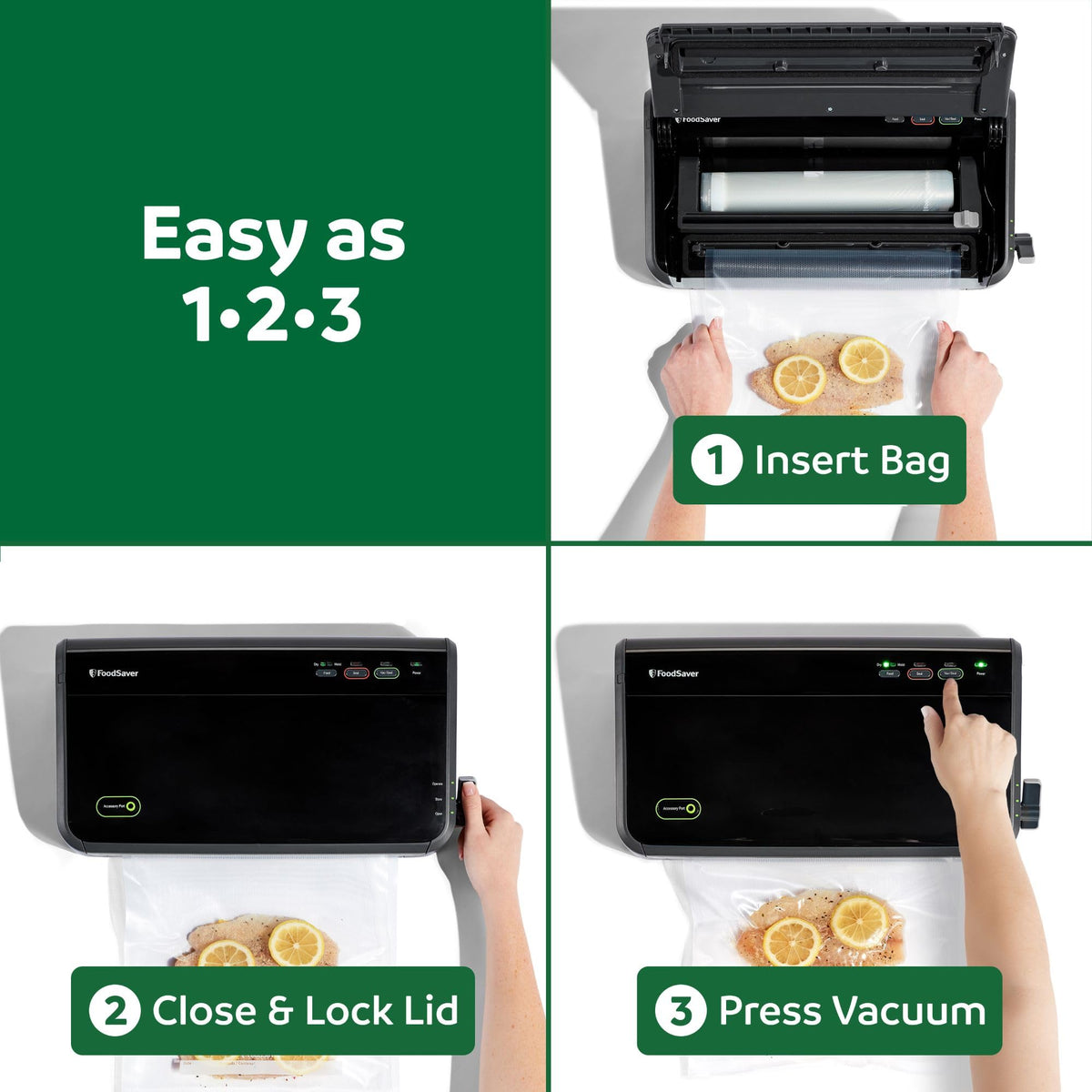 FoodSaver freezer storage demonstration with pre-cut bags.