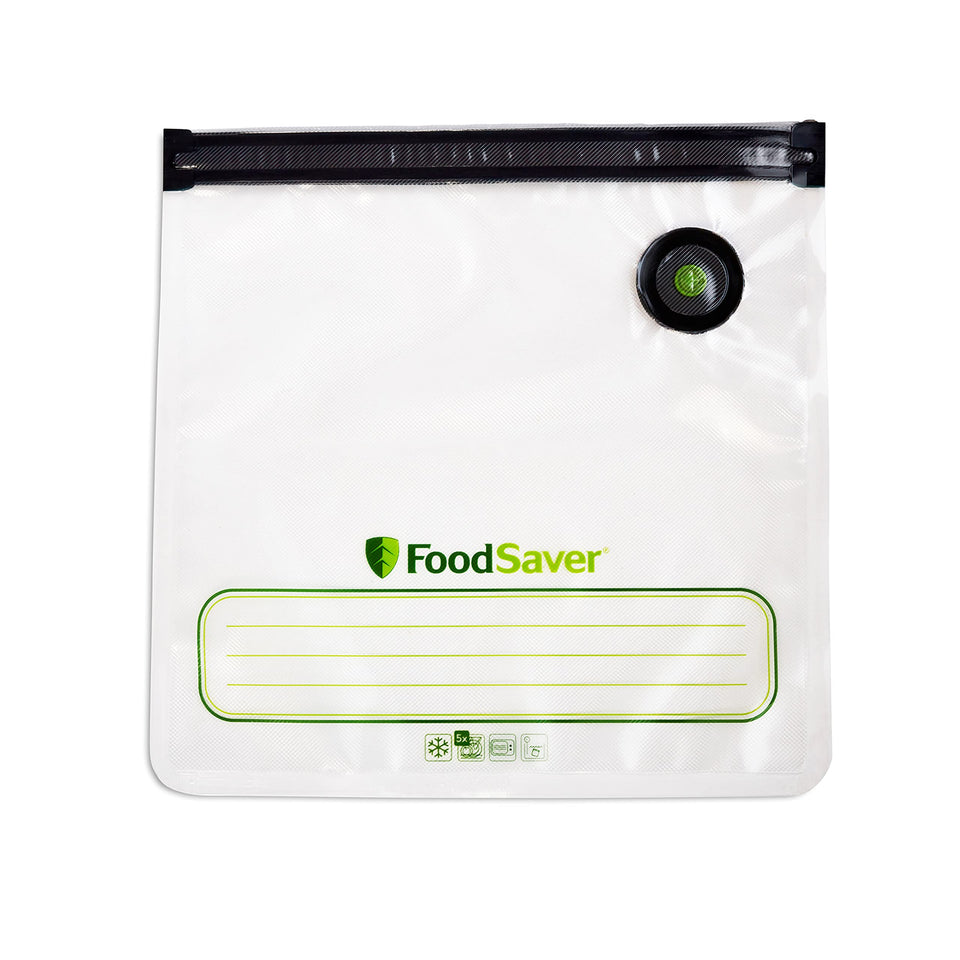 FoodSaver gallon bag pack front view for organized, reusable freezer storage.