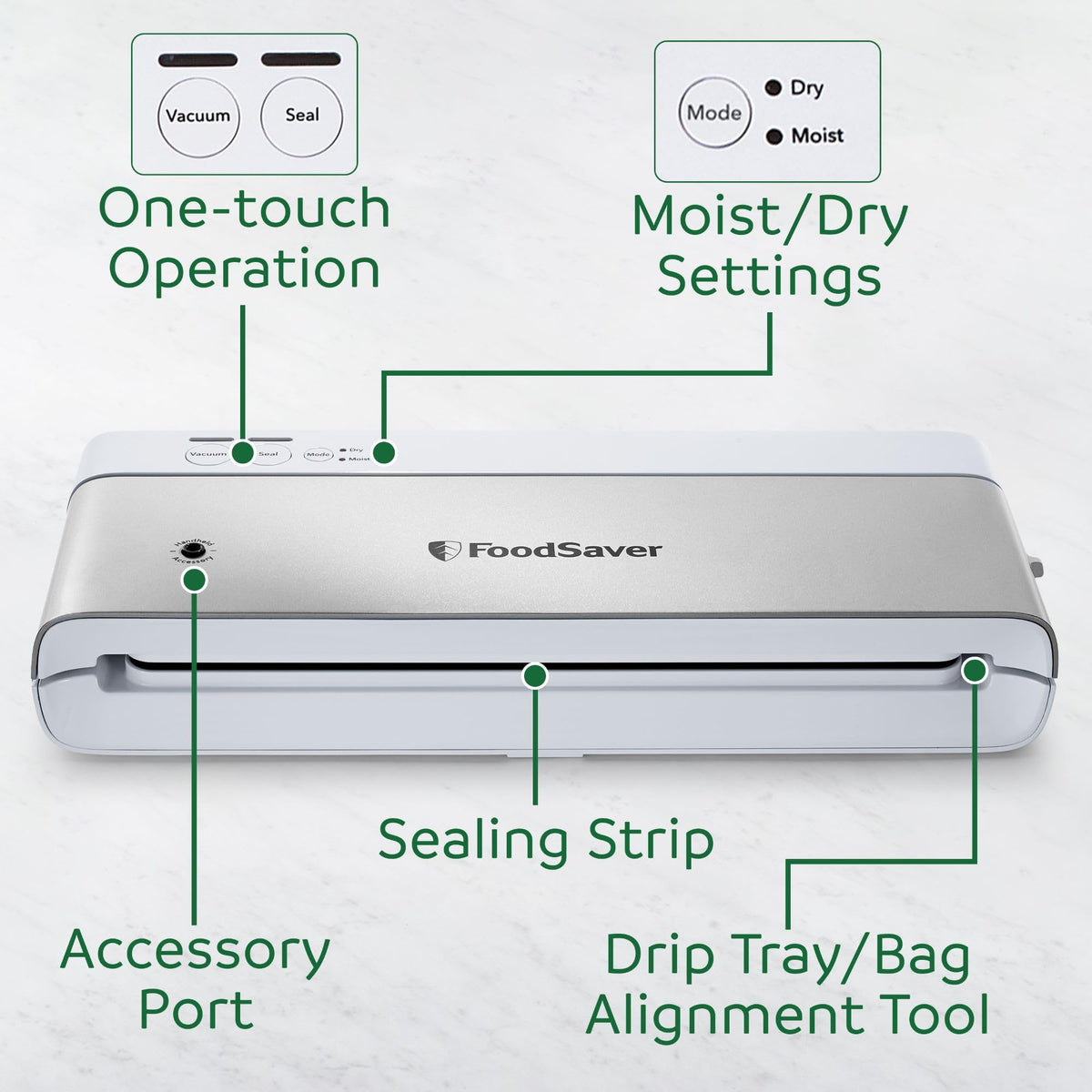 FoodSaver hand-held sealer compatibility enables versatile sous vide and pantry use.