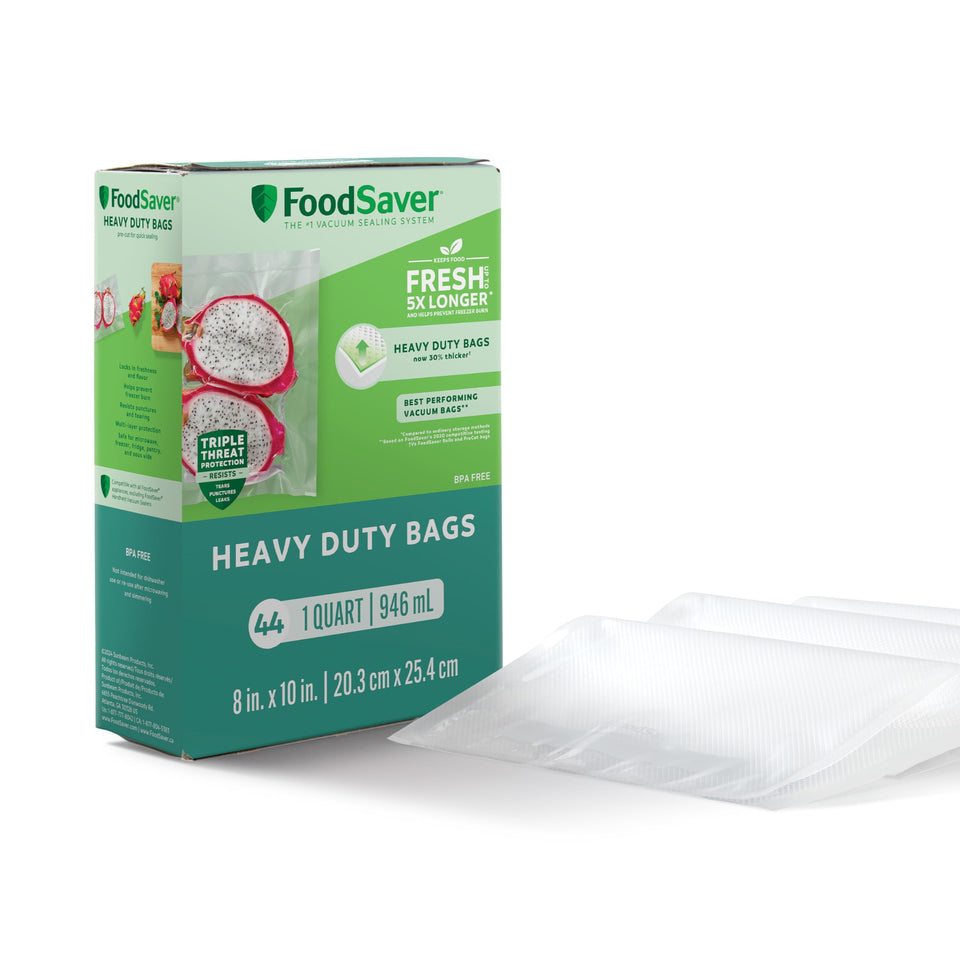 FoodSaver heavy-duty quart vacuum bags, front view, delivering durable protection for longer freshness
