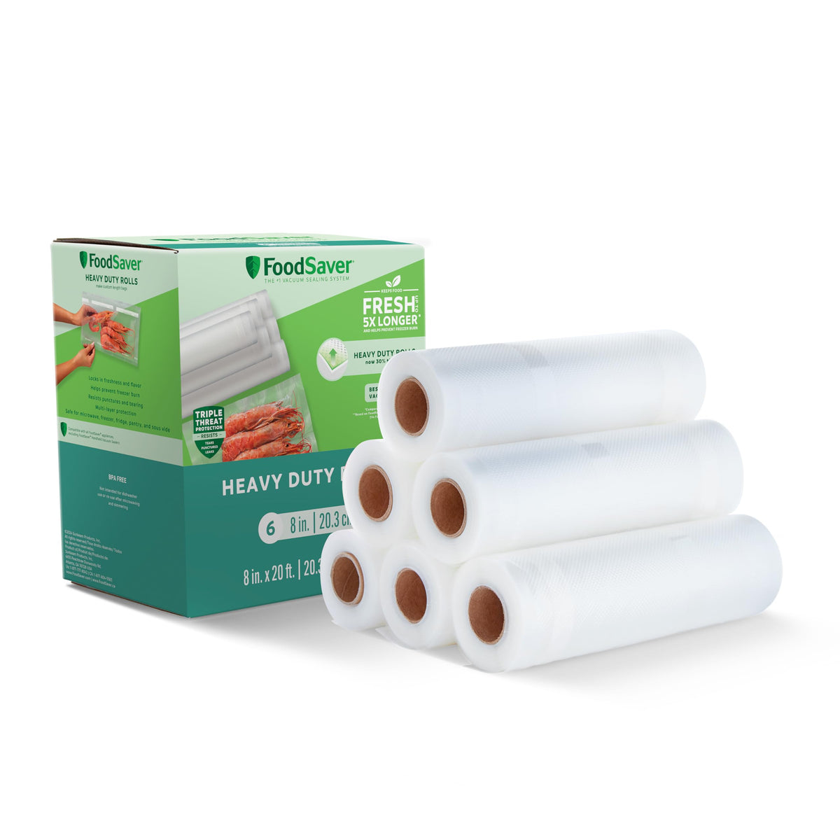 FoodSaver heavy-duty 8x20 roll close-up showing durable, leak-resistant material.