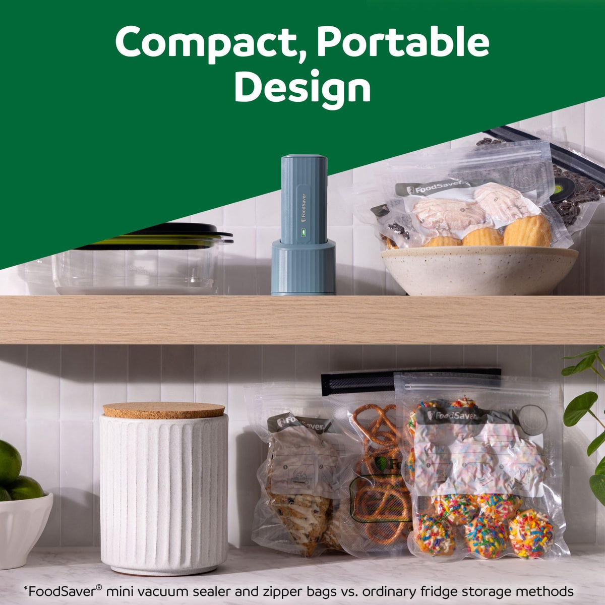 FoodSaver Mini works with bottle stoppers and jar sealers for versatile storage