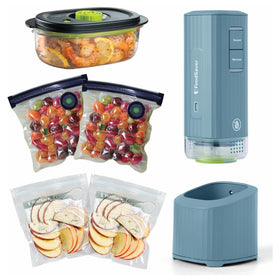 FoodSaver Mini handheld vacuum sealer front view in blue for quick on-the-go sealing