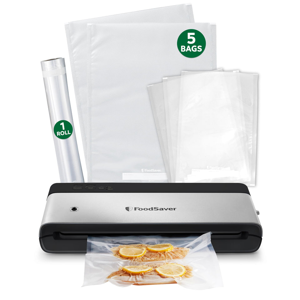 FoodSaver PowerVac compact vacuum sealer in stainless steel seals freshness efficiently.