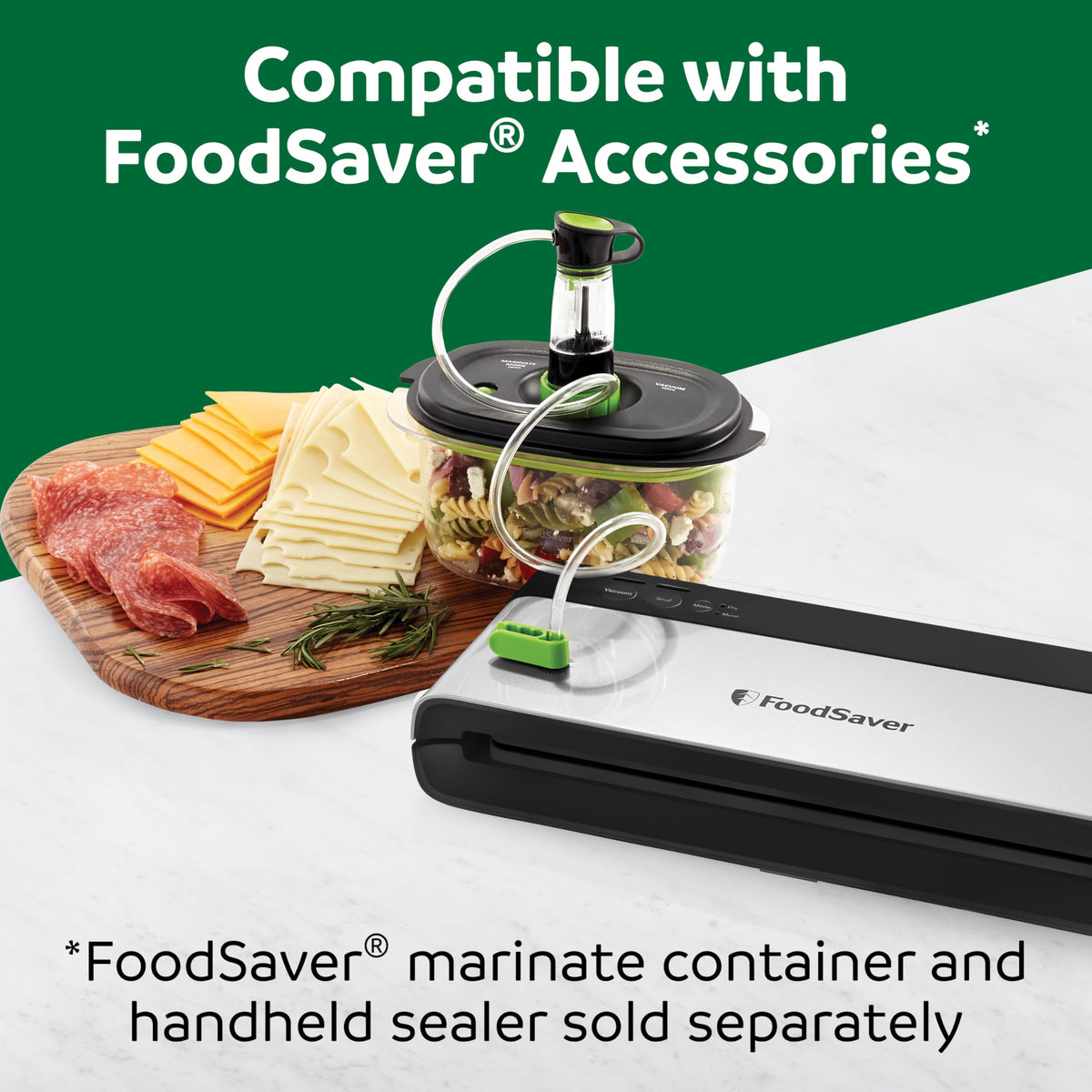 FoodSaver PowerVac vertical unit demonstrates reduced bag waste and efficient sealing.