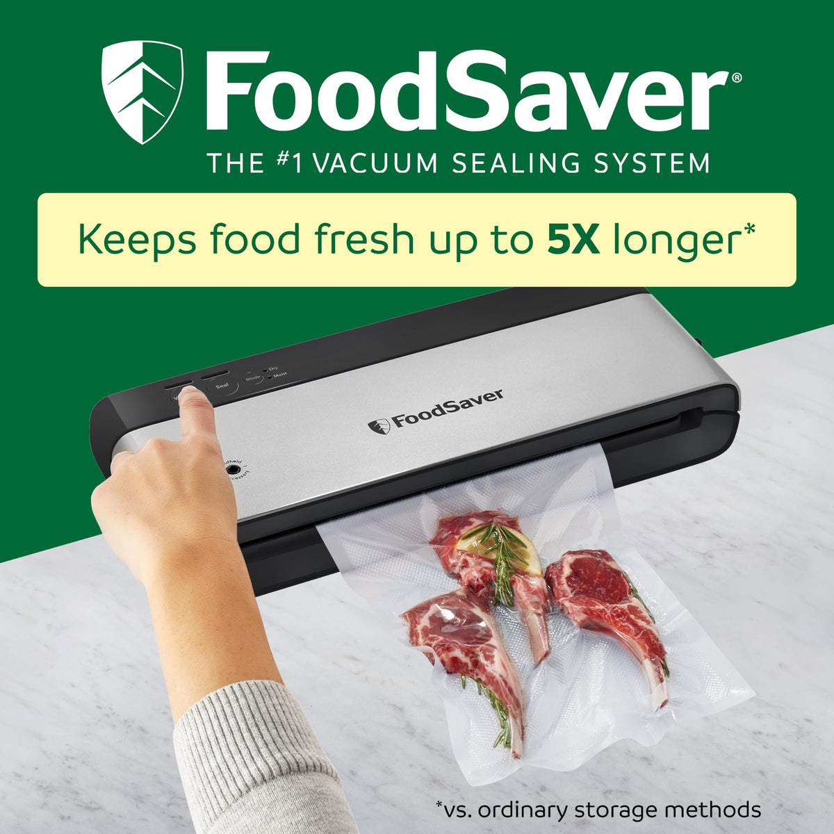 FoodSaver PowerVac vertical storage design saves counter space during sealing tasks.