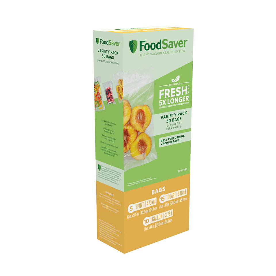 FoodSaver Premium Vacuum Sealer Bags pack shot for versatile freezer and pantry storage.