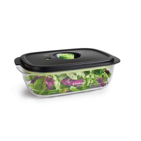 FoodSaver Preserve & Marinate 10-cup clear vacuum container demonstrates airtight storage.