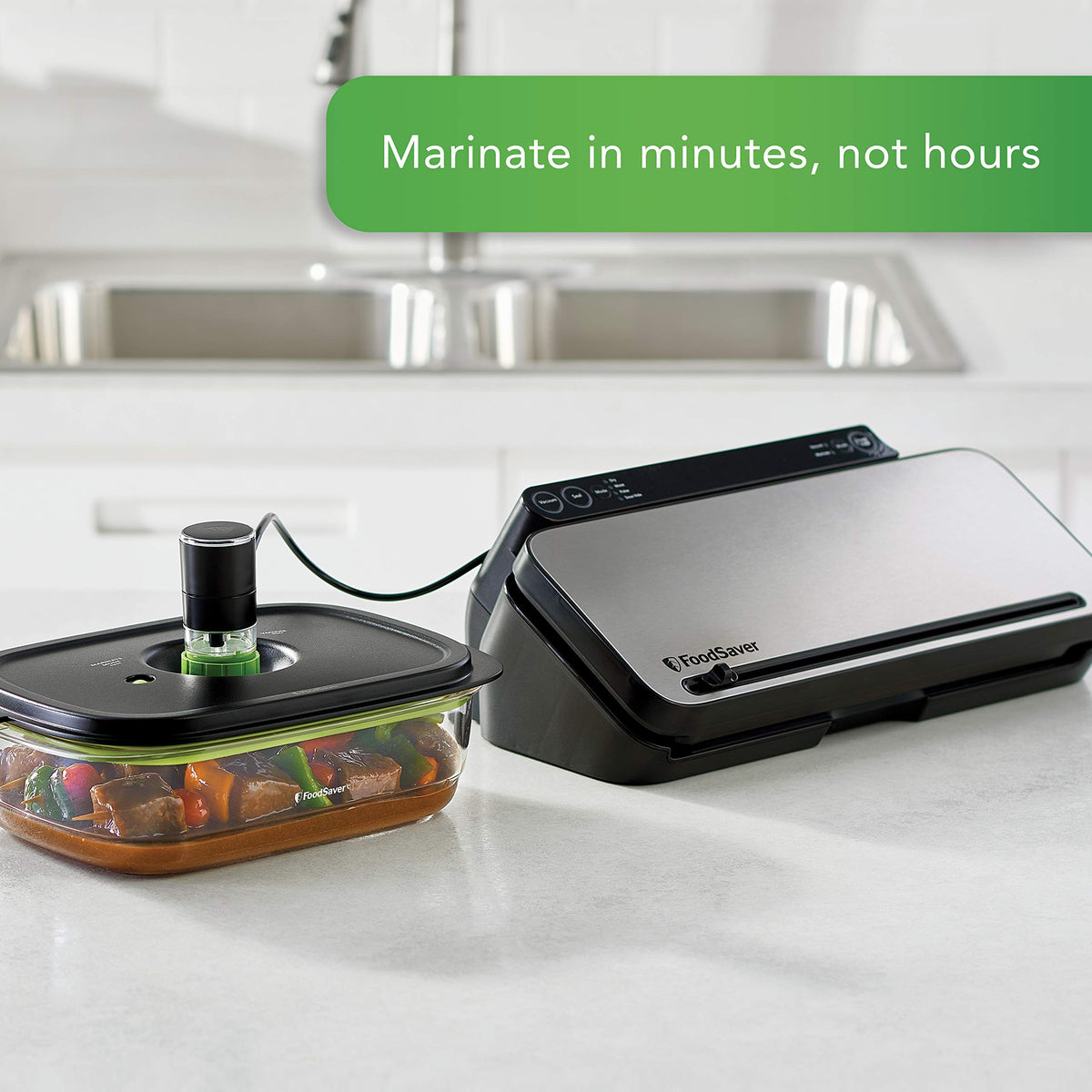 FoodSaver Preserve & Marinate vacuum container nestable design saves kitchen space.