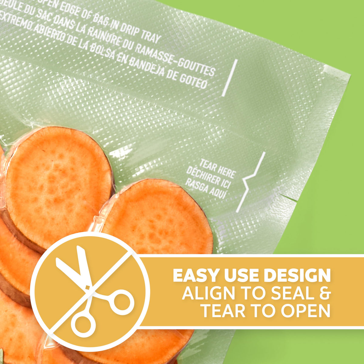 FoodSaver quart bags showing tear-to-open notches for quick portion access