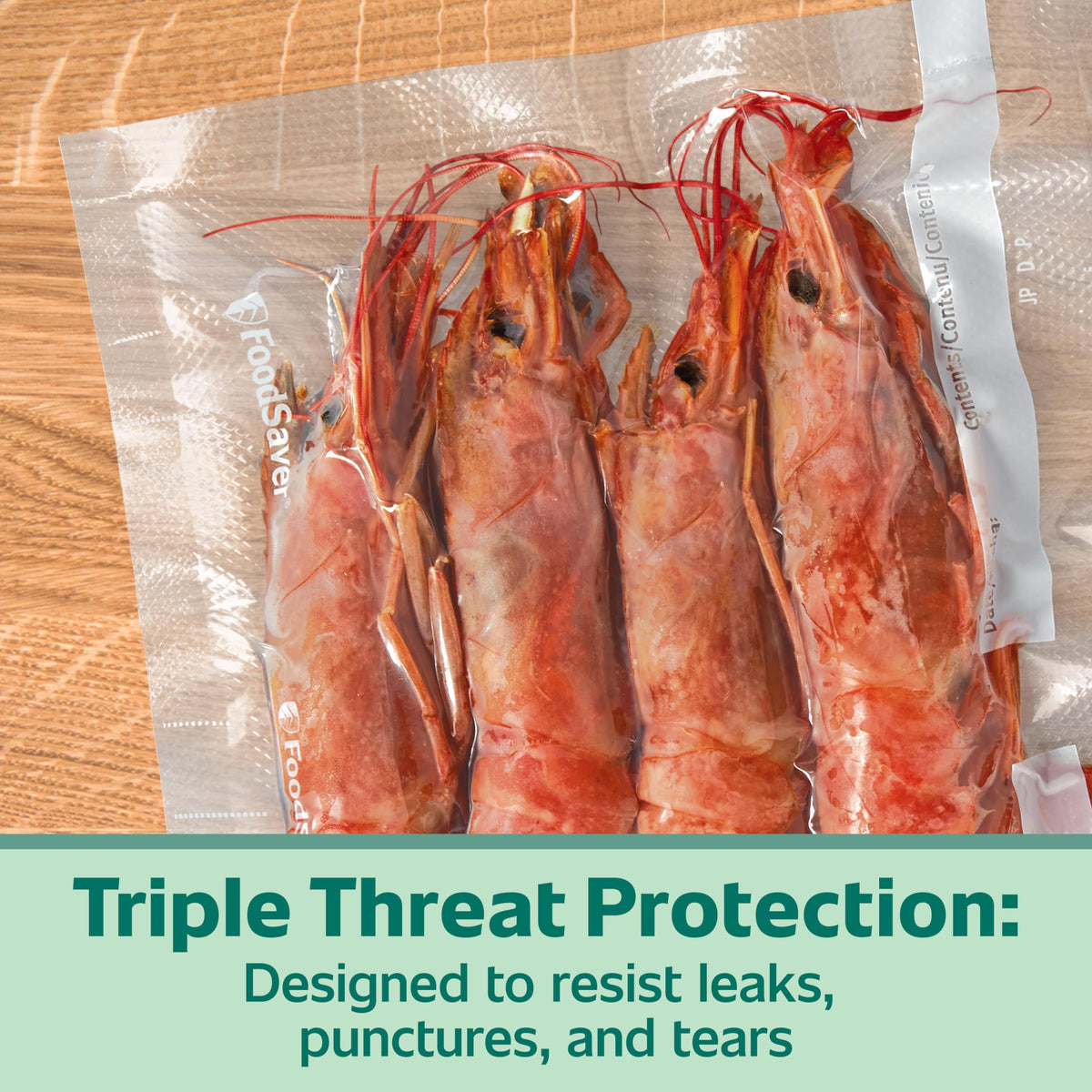FoodSaver roll illustrating triple protection against leaks and punctures.