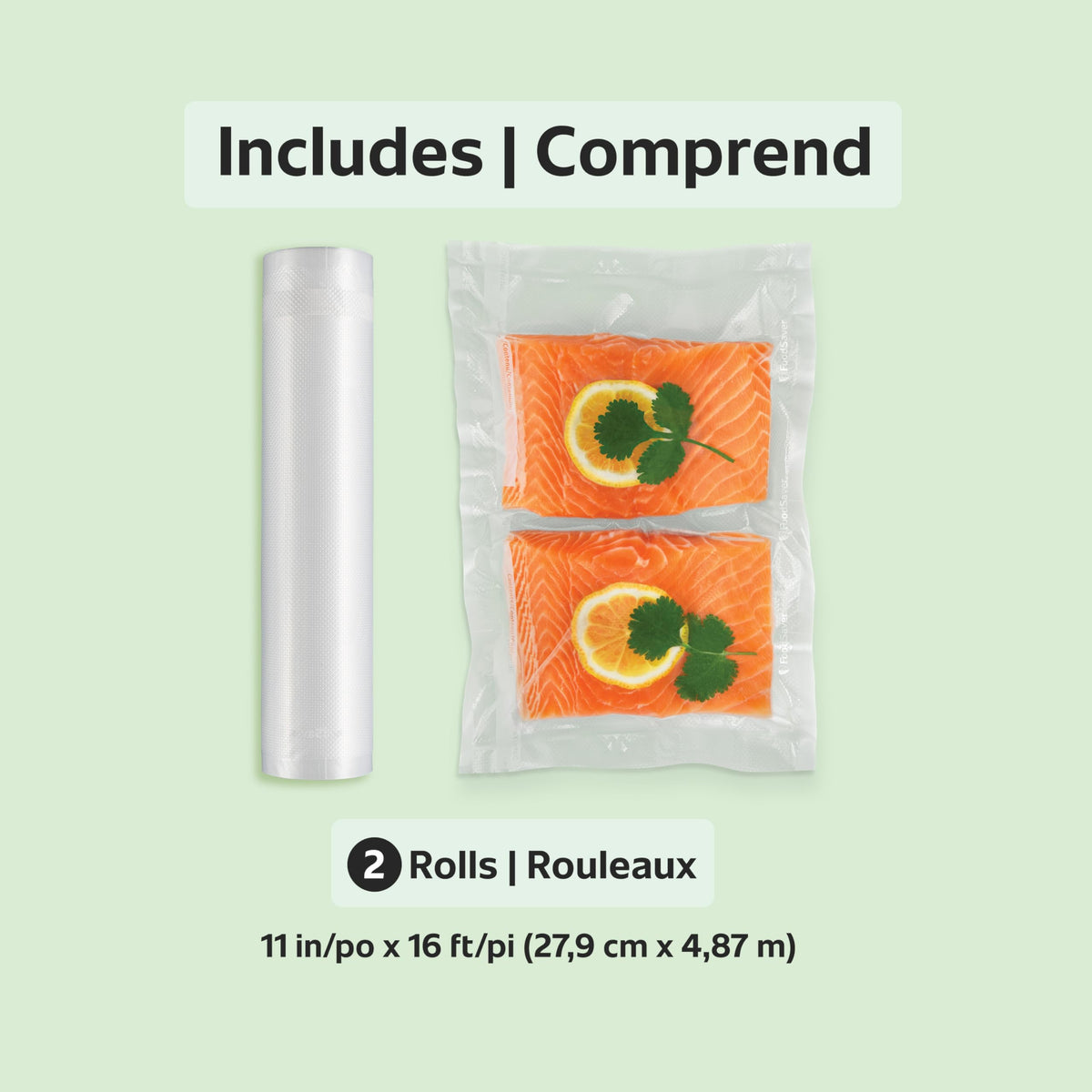 FoodSaver 2-pack rolls on a shelf for quick, ready-to-use storage.