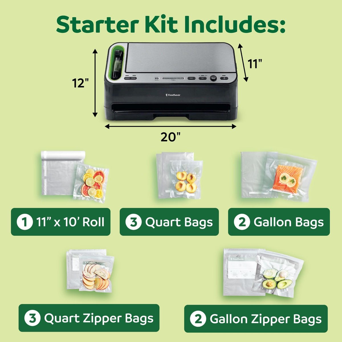 Built-in roll storage and cutter for custom bag sizes.