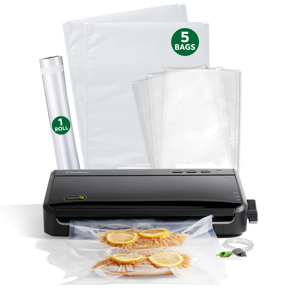 FoodSaver vacuum sealer front view shows compact, kitchen-friendly design.