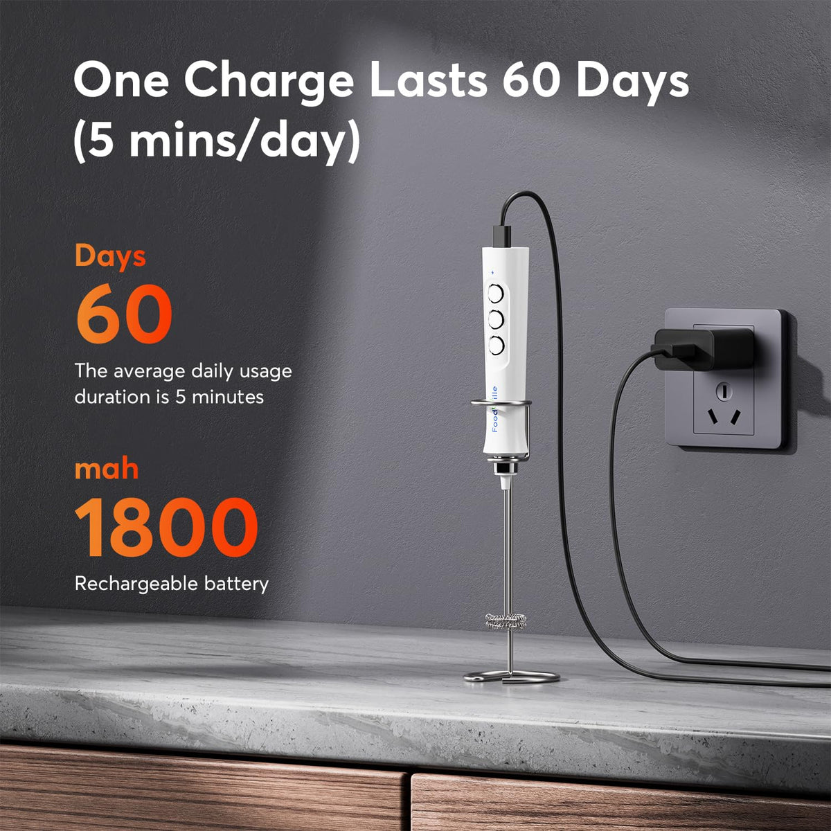 FoodVille MF02 built-in rechargeable battery for cordless frothing anywhere.