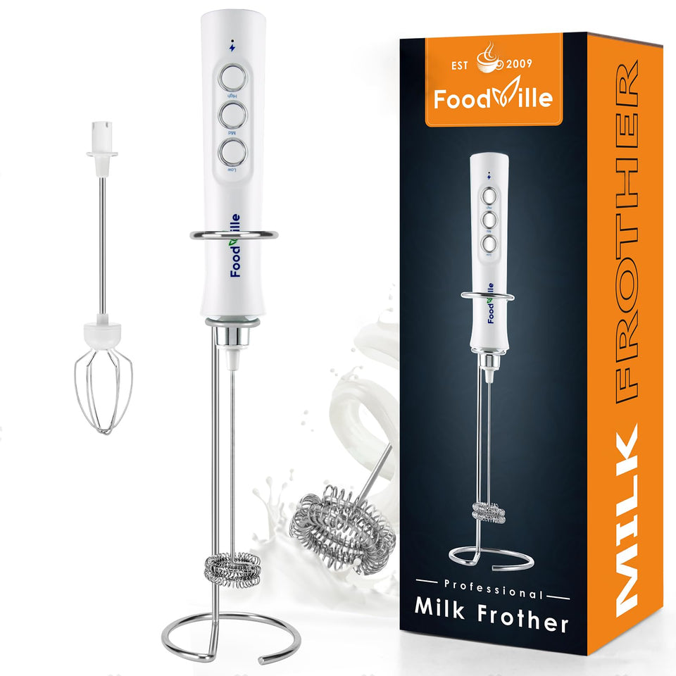 FoodVille MF02 rechargeable milk frother in white with stainless whisk for creamy foam.