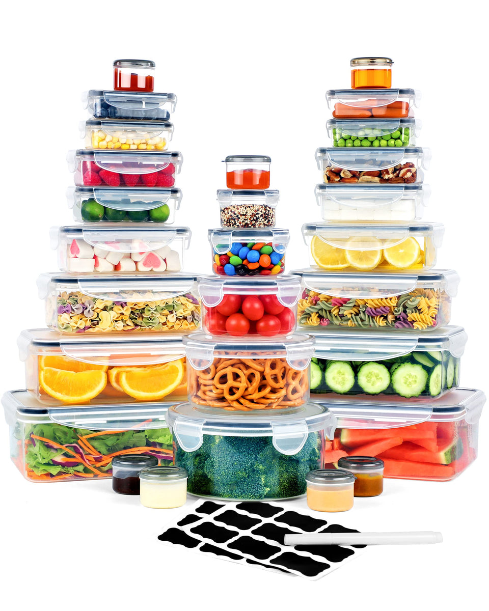 FOOYOO 56-piece container set with lids demonstrates clear, stackable design for organized pantry
