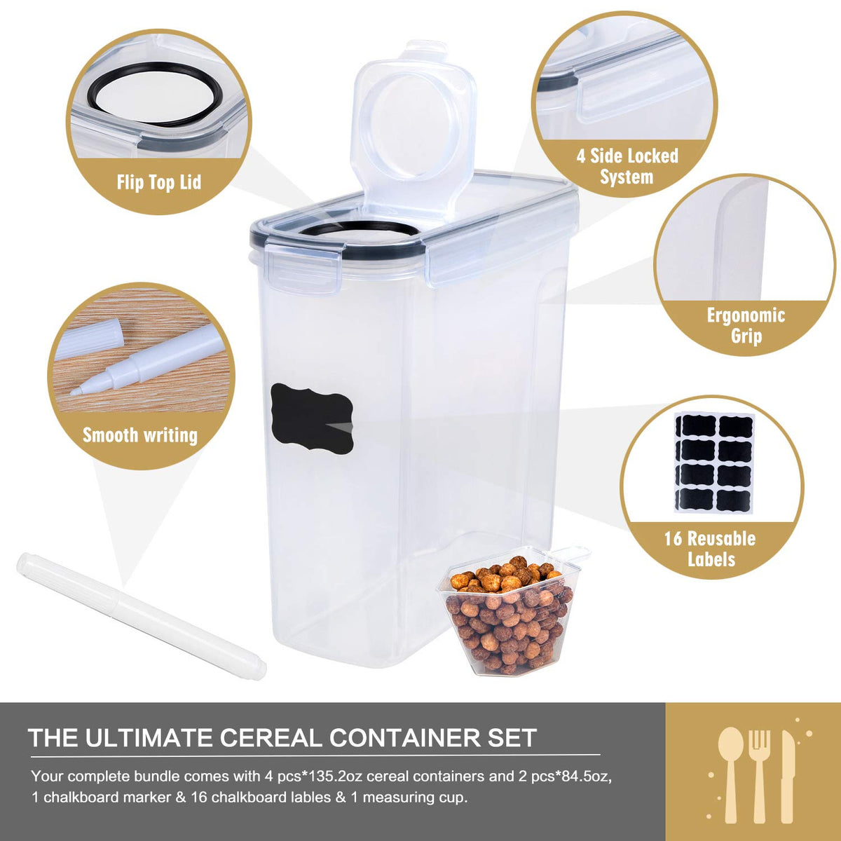 FOOYOO cereal container 2.5L compact design saves shelf space and stays organized