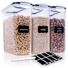 FOOYOO cereal containers 3-piece set shown on kitchen counter for easy pantry storage.