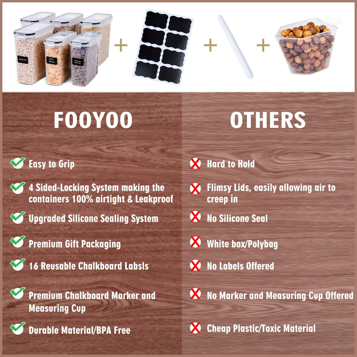 FOOYOO labels and marker help you categorize cereals, flour, and snacks neatly